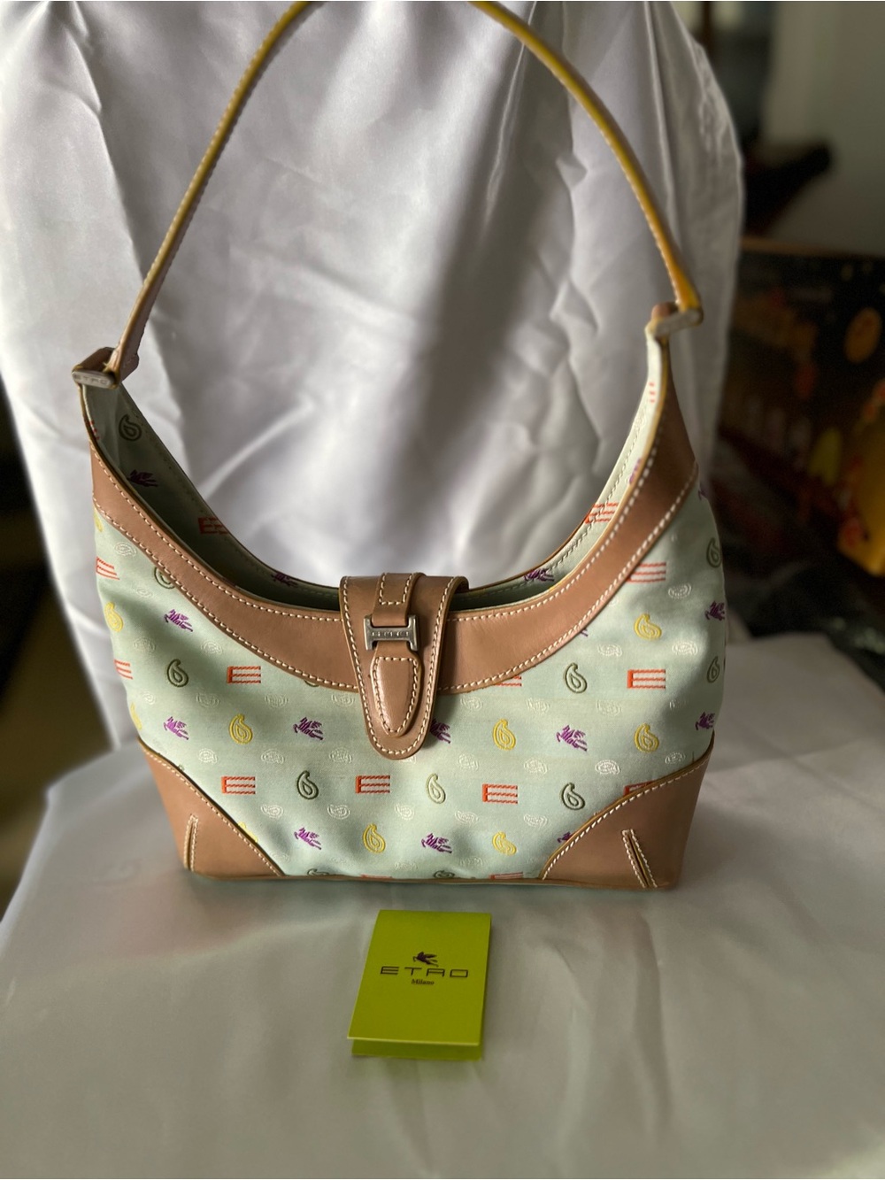 ETRO Light Green Canvas Shoulder Bag with Tan Leather Trim SERIAL NUMBER PHOTO